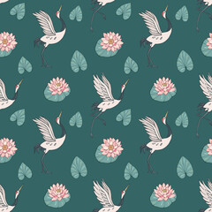 Seamless vector pattern of cranes, lotuses and water lilies. Decoration print for wrapping, wallpaper, fabric, textile.