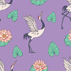 Seamless vector pattern of cranes, lotuses and water lilies. Decoration print for wrapping, wallpaper, fabric, textile.