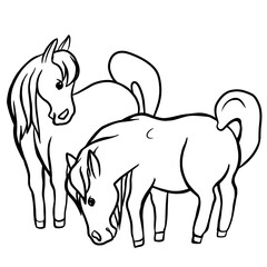 Horses graze in a meadow, a pair of horses, ponies, fabulous, cartoon characters, drawing, coloring for children