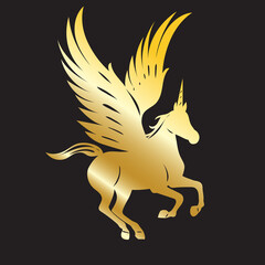 pegasus with wings golden silhouette, isolated, vector