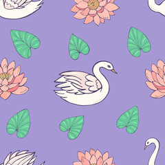 Seamless vector pattern of swans, lotuses and water lilies. Decoration print for wrapping, wallpaper, fabric, textile.