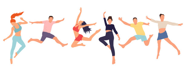 jumping men and women in flat style, isolated, vector