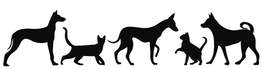 cats and dogs black silhouette, isolated, vector