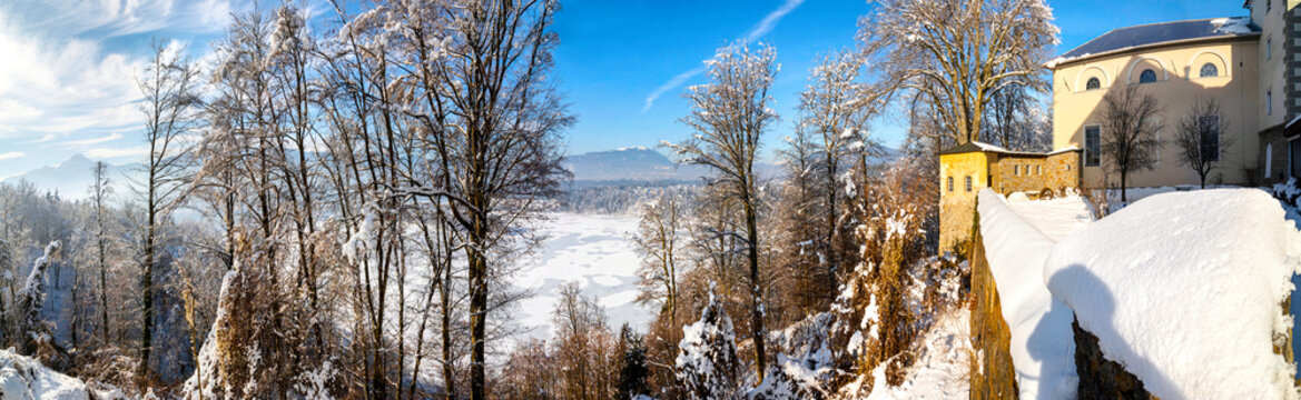 Panoramic view from the monastery Wernberg near Villach on the loop of the river Drava in winter, the perfect place for nature lovers.