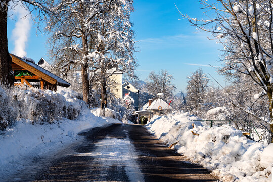Road to Wernberg monastery near Villach in winter. Carinthia, Austria