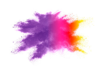 abstract powder splatted background. Colorful powder explosion on white background. Colored cloud. Colorful dust explode. Paint Holi.