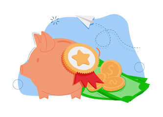 Piggy bank Money creative business concept. Pink pig and pile gold coins and paper green dollars.
