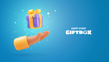 3d vector cartoon human hand giving purple gift box with yellow bow vector illustration. Arm delivering a giftbox on blue background