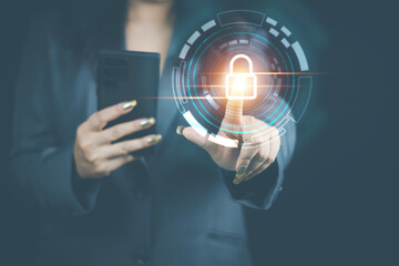 cyber security concept, woman's hand using a smartphone Log in to applications via fingerprint scanning. It is the security of the information.
