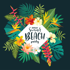 Vector Summer Beach Party calligraphy card. Summertime postcard with exotic tropical leaves, flowers. Square frame jungle background. Bright colors. Hawaiian beach style template