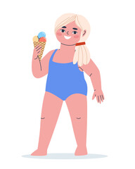 A girl is standing on the beach in a bathing suit with ice cream. Isolated on white background.Flat vector illustration. Eps10