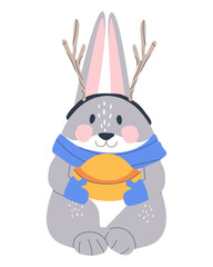 Little gray rabbit with antlers with a golden goblet. New Year's picture. Isolated on white background.Flat vector illustration. Eps10