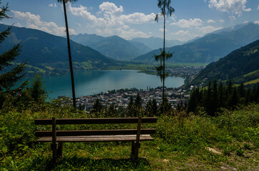 Wooden bench at a viewpoint in austria