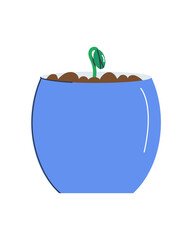 A small sprout sticks out of a large ceramic pot. Isolated on white background.Flat vector illustration. Eps10