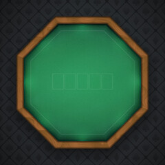 Octagonal poker table with illuminated wooden border. Realistic green fabric. Top view. Eps10 vector