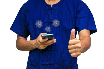 Asian farmer man looking to smartphone display screen Learn from the Internet