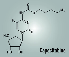 Skeletal formula of Capecitabine cancer drug molecule. Prodrug of 5-fluorouracil or 5-FU.