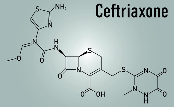 Skeletal formula of Ceftriaxone antibiotic drug molecule. Third-generation cephalosporin antibiotic.