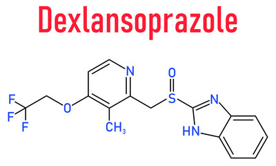 Skeletal formula of Dexlansoprazole gastric ulcer drug molecule. Proton pump inhibitor.