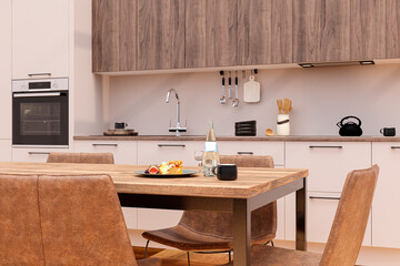 3d rendered illustration of a sunlit breakfast scene in a modern kitchen.