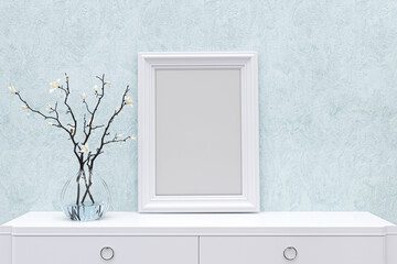 Blank picture frame with flower vase on a white sideboard.  3d rendered illustration.