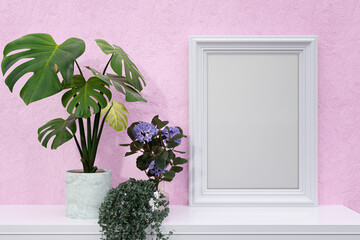 Picture frame mockup on a wooden cabinet. 3d rendered illustration.