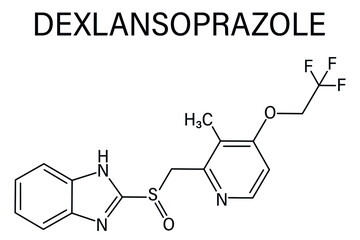 Skeletal formula of Dexlansoprazole gastric ulcer drug molecule. Proton pump inhibitor.