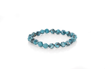 Natural crystals bracelets isolated on white background. Handmade jewelry. Dark green stones.