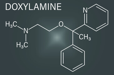 Skeletal formula of Doxylamine antihistamine drug molecule. Also used as over-the-counter, OTC, sedative.