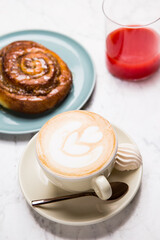 coffee latte breakfast cinnamon roll