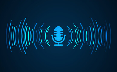 Podcast concept. Microphone with voice recording wave. Future technology - obrazy, fototapety, plakaty