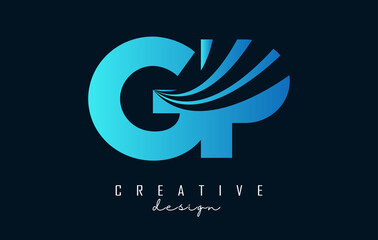 Creative blue letters GP G P logo with leading lines and road concept design. Letters with geometric design.