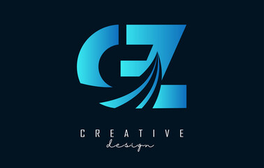 Creative blue letters GZ g z logo with leading lines and road concept design. Letters with geometric design.