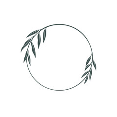 Round botanical frame element with willow branch. Simple contour vector illustration for packaging, corporate identity, labels, postcards, invitations. - obrazy, fototapety, plakaty