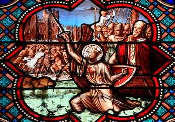 Fototapeta na wymiar Senlis cathedral stained glass window: Saint Louis's life.