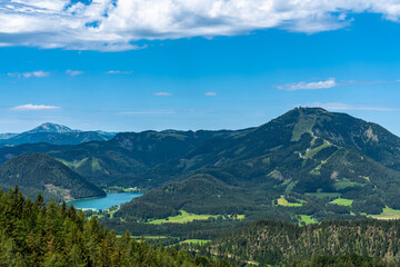 Stunning view of Erlauf lake and Gemeindealp peak from Bürgeralpe near Mariazell on a sunny summer day with blue sky cloud, Styria, Austria