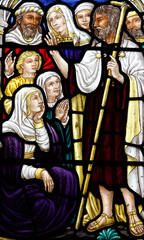 Obraz premium Stained glass in St George anglican cathedral, Jerusalem : Jesus teaching the Gospel