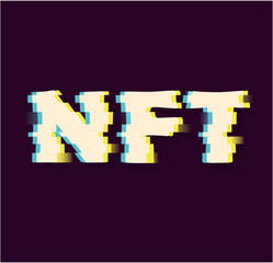NFT icon in glitch style. Vector stock illustration. Neon. Digital art .metaverse. Lilac background