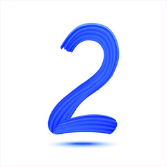 Number 2 of realistic blue paint brush strokes. Numbers isolated on a white background. The second number is written smears by dee blue paint.