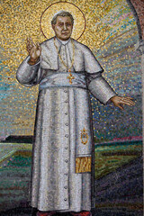 Madonna della Scala Benedictine abbey, Noci, Apulia.Mosaic depicting Pope Pius X