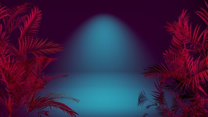 Fototapeta na wymiar copy space blue gradient colorful background with tropical plants leaves,red light