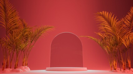 luscious red mockup background with podium and glass panel in the middle and cat palms around,...