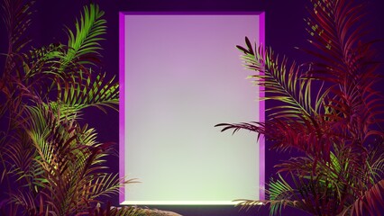 glass poster, frame, surrounded by tropical palm leaves, colorful lighting,neon pink tint