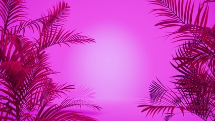Fototapeta na wymiar copy space gradient colorful background with tropical plants leaves,monochrome vivid pink gradient