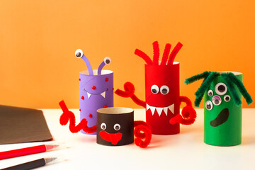 Halloween craft. Handmade decoration cute monster. Drawing Handmade toys. Reuse concept