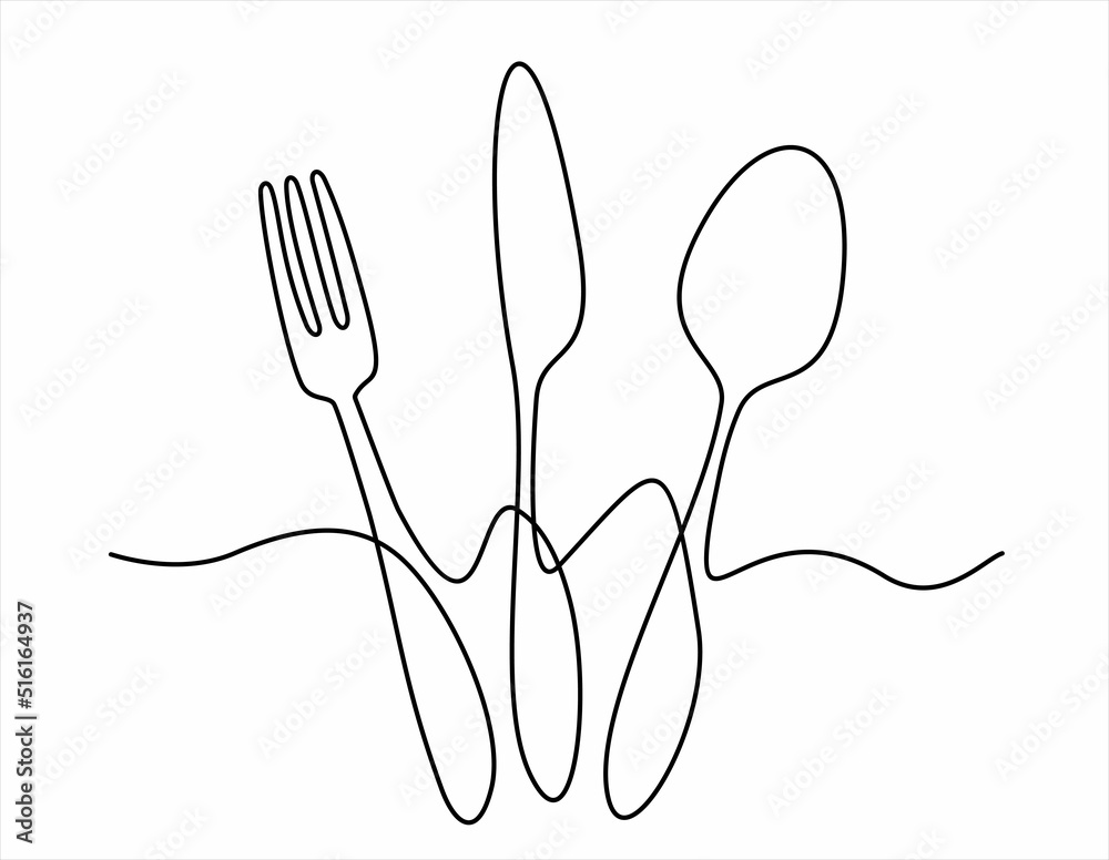 Wall mural continuous one line drawing of spoon, knife and fork. 