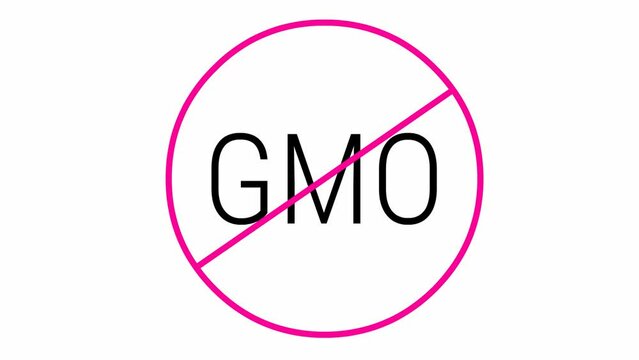 Animated pink icon GMO free. Non genetically modified foods. Vector illustration isolated on white background.
