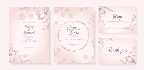 Set of wedding invitation cards with pink flowers, rosemary and eucalyptus leaves on a pink background.