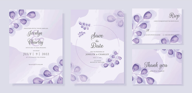 Set of wedding invitation cards with purple eucalyptus branches and watercolor splashes on a lilac background.