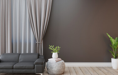 minimal interior style poster Mock up the living room wall in brown with modern sofa and decorations in the living room...copy space. 3D rendering.